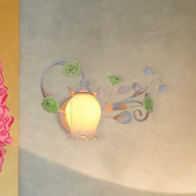 Pastoral Metal Floral Wall Lamp Sconce - 1-Light Fixture In Yellow/Pink/Blue