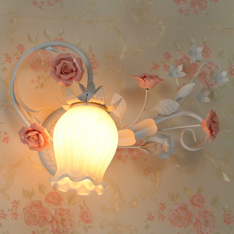 Pastoral Metal Floral Wall Lamp Sconce - 1-Light Fixture In Yellow/Pink/Blue Pink