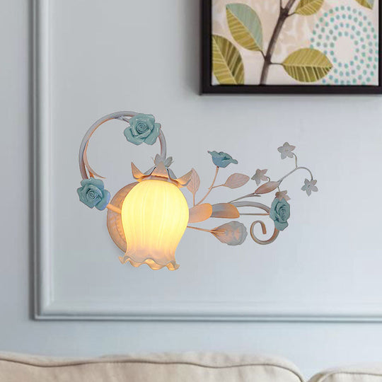 Pastoral Floral Wall Mount Lamp - Yellow/Pink/Blue 1 Head Metal Sconce Light For Bedroom