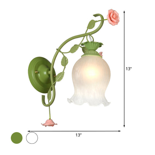 Rose Wall Mount Lamp - Metal Sconce Lighting For Bedroom (White/Green)