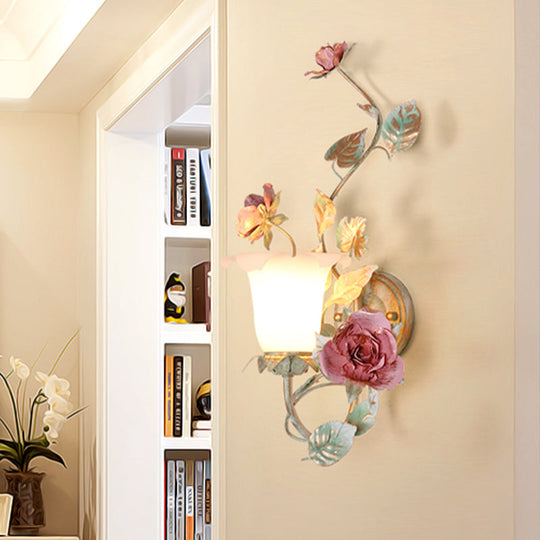 Flared Wall Sconce With Opal White Glass Countryside Design - 1/2 Heads Green Flower Light Fixture 1