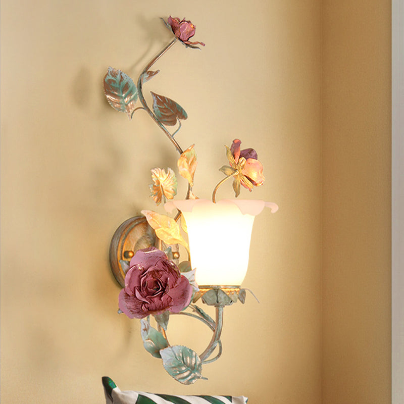 Flared Wall Sconce With Opal White Glass Countryside Design - 1/2 Heads Green Flower Light Fixture