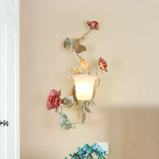 Flared Wall Sconce With Opal White Glass Countryside Design - 1/2 Heads Green Flower Light Fixture