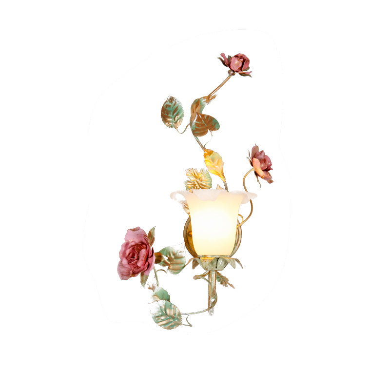 Flared Wall Sconce With Opal White Glass Countryside Design - 1/2 Heads Green Flower Light Fixture