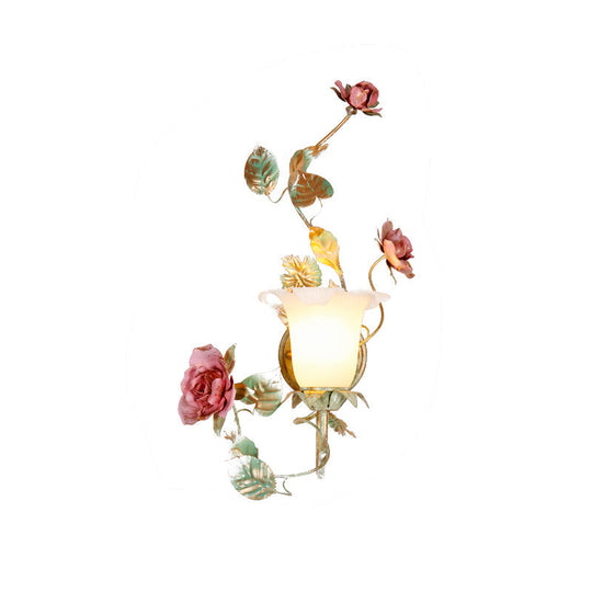 Flared Wall Sconce With Opal White Glass Countryside Design - 1/2 Heads Green Flower Light Fixture