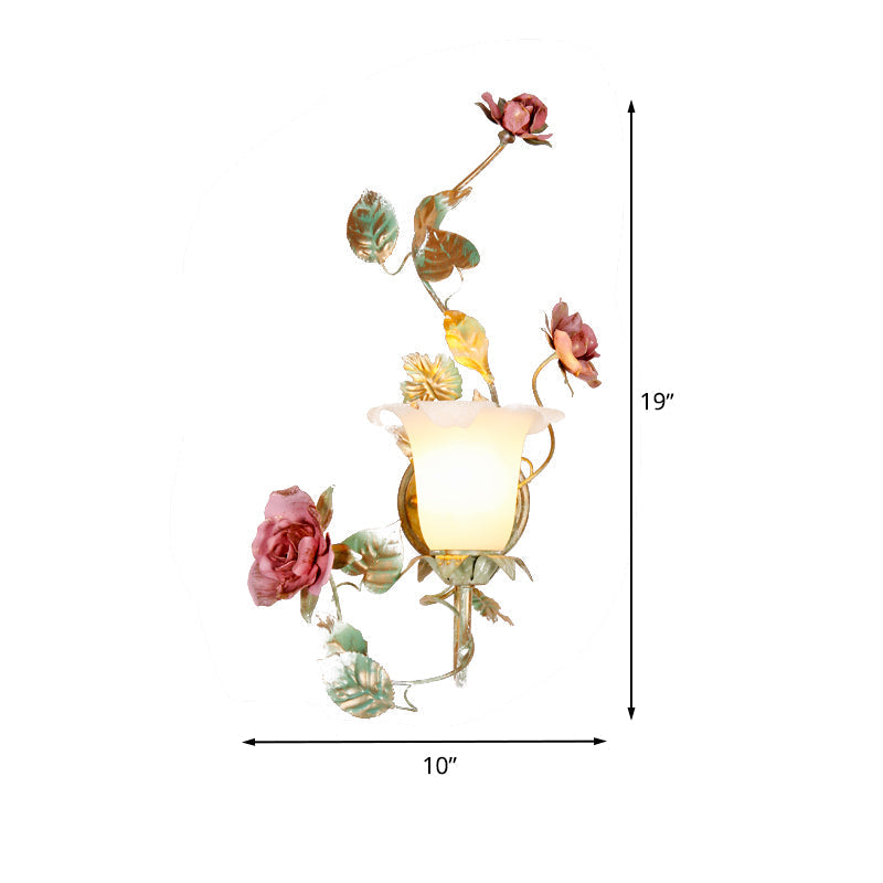 Flared Wall Sconce With Opal White Glass Countryside Design - 1/2 Heads Green Flower Light Fixture