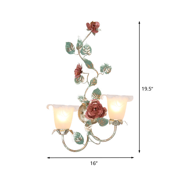 Flared Wall Sconce With Opal White Glass Countryside Design - 1/2 Heads Green Flower Light Fixture