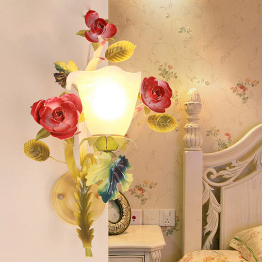 Green Metal Wall Sconce With Blossom Design - Perfect For Bedroom Lighting