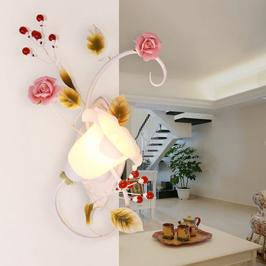 Curved Arm Sconce Light With Metal Rose Design White - Left/Right For Living Room