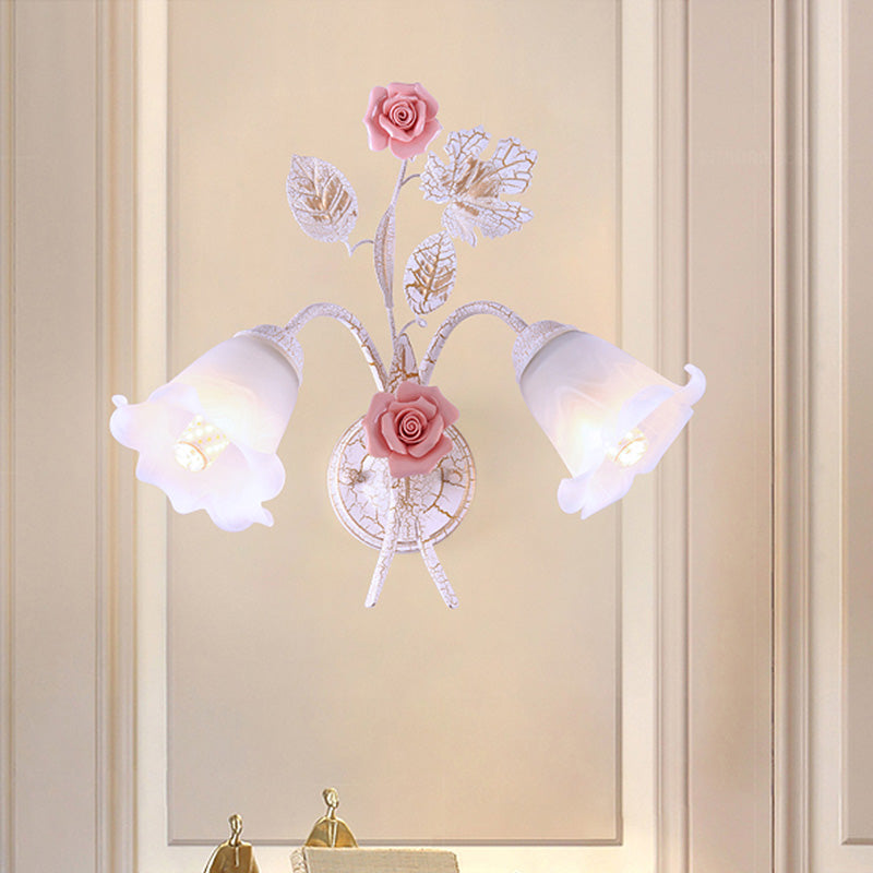 Romantic Flared Metal Wall Sconce With Flower Decor - 1/2 Heads White Fixture For Living Room