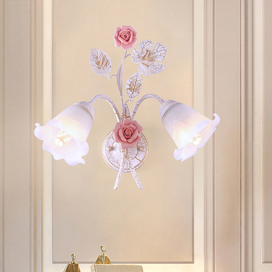 Romantic Flared Metal Wall Sconce With Flower Decor - 1/2 Heads White Fixture For Living Room