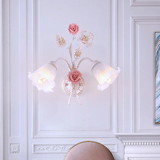 Romantic Flared Metal Wall Sconce With Flower Decor - 1/2 Heads White Fixture For Living Room