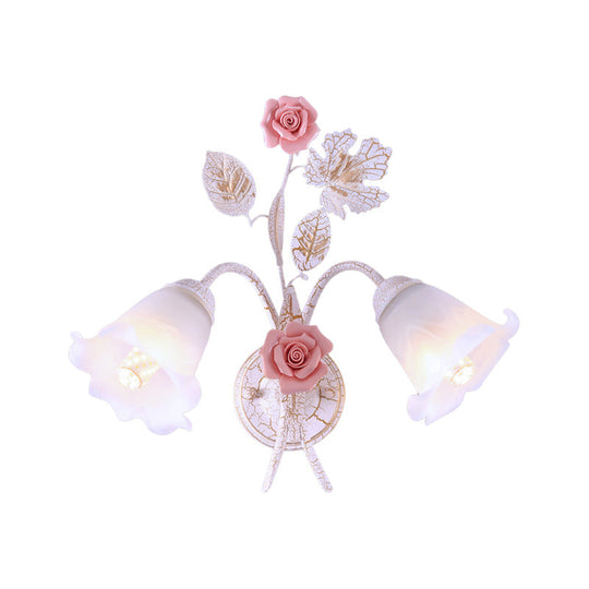 Romantic Flared Metal Wall Sconce With Flower Decor - 1/2 Heads White Fixture For Living Room