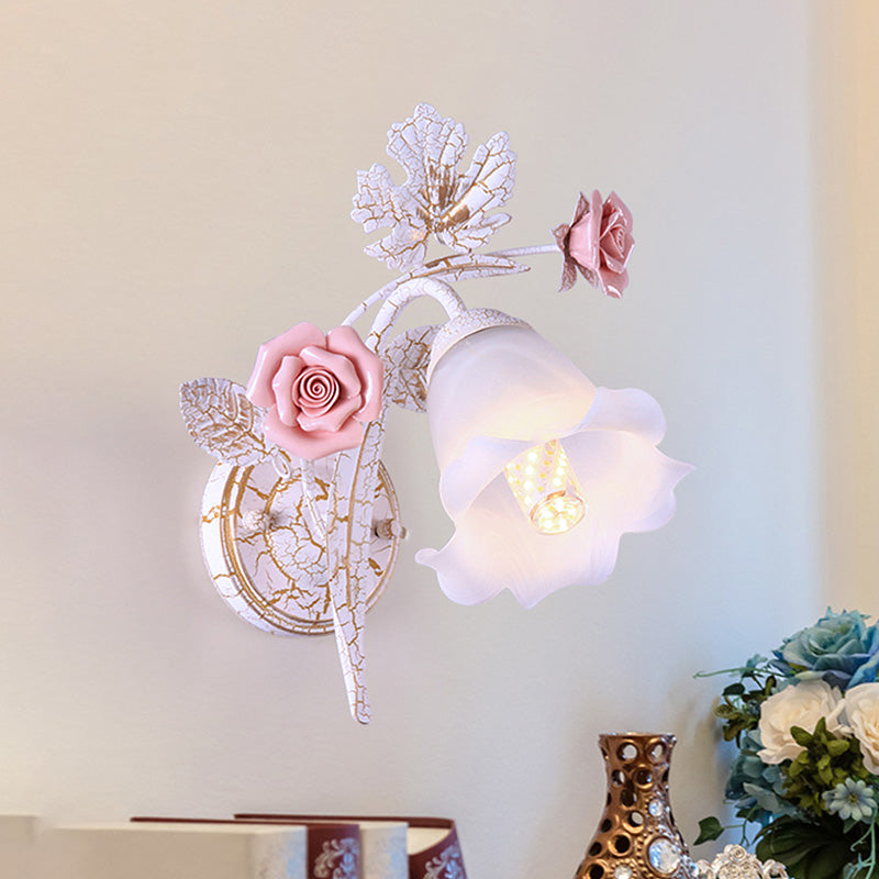 Romantic Flared Metal Wall Sconce With Flower Decor - 1/2 Heads White Fixture For Living Room 1 /