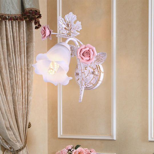 Romantic Flared Metal Wall Sconce With Flower Decor - 1/2 Heads White Fixture For Living Room