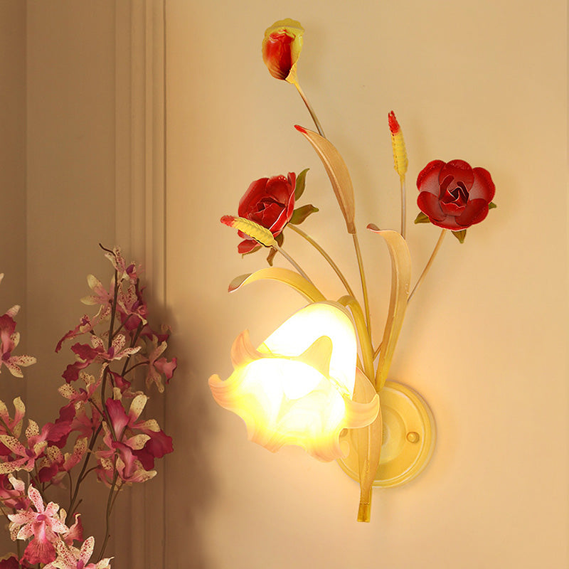 Pastoral Rose Wall Light Sconce - White Metal Lamp For Bedroom (1/2 Bulbs) 1 /