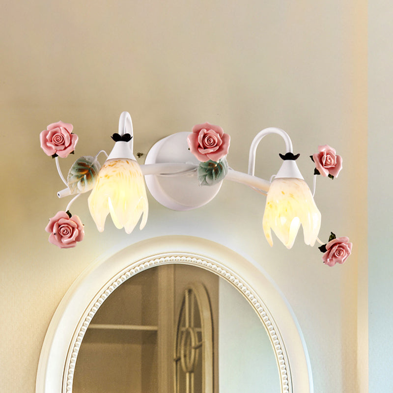 White Vanity Sconce With 2/3 Heads - Country Style Metal Rose Wall Lamp For Bathroom 2 /