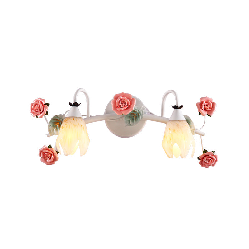 White Vanity Sconce With 2/3 Heads - Country Style Metal Rose Wall Lamp For Bathroom