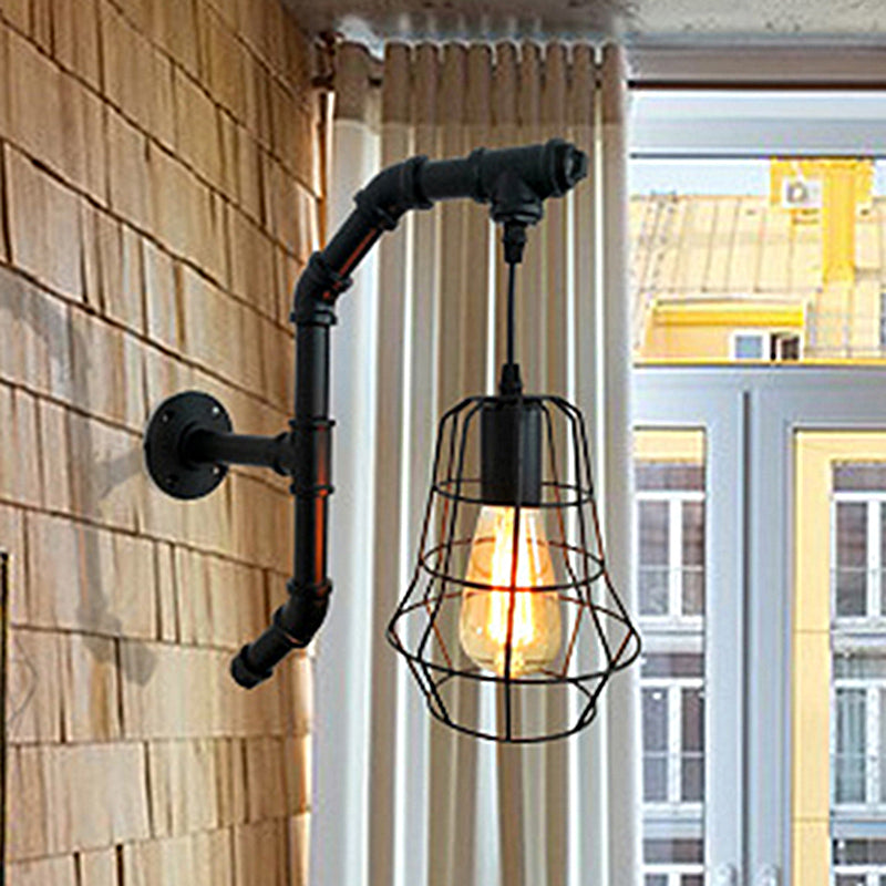 Industrial Black Metal Cage Sconce Light - 1-Light Wall Fixture For Bedroom