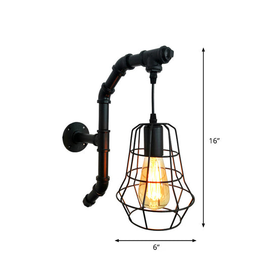 Industrial Black Metal Cage Sconce Light - 1-Light Wall Fixture For Bedroom