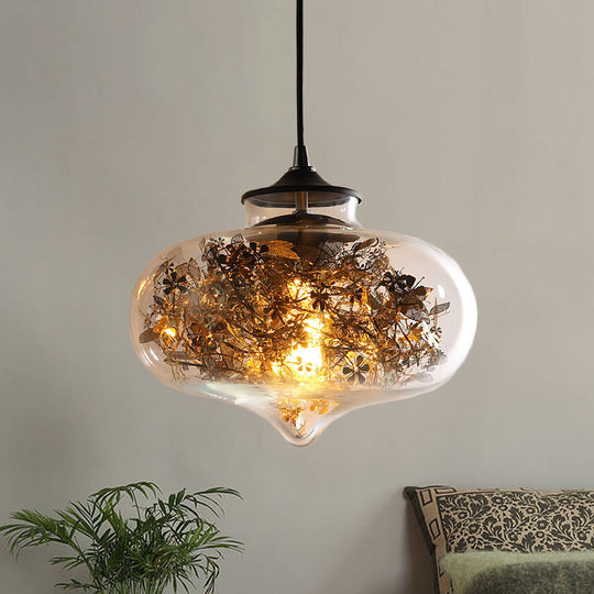 Modern Black Glass Oval Hanging Light With Shattered Leaf Deco - 1-Light Ceiling Lamp