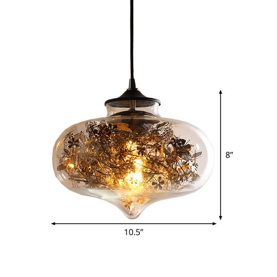 Modern Black Glass Oval Hanging Ceiling Lamp with Shattered Leaf Deco