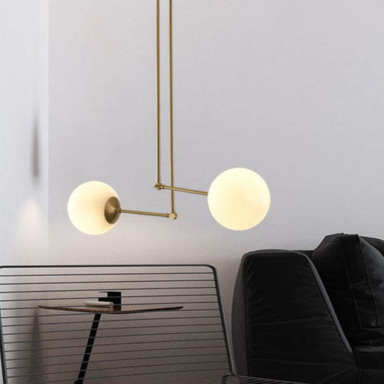 White Glass 2-Head Multi-Light Pendant with Adjustable Brass Node for Living Room Ceiling