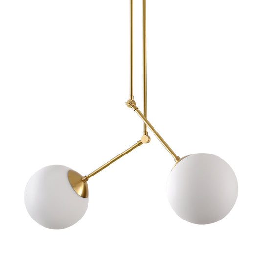 White Glass 2-Head Multi-Light Pendant with Adjustable Brass Node for Living Room Ceiling