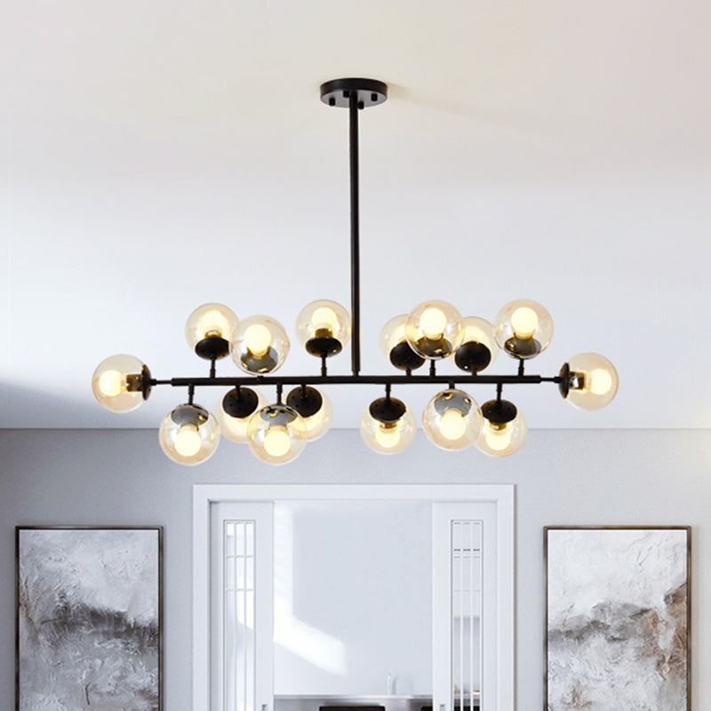 Modern Clear Glass Ball Chandelier - 16-Light Suspension Lamp In Black With Linear Design