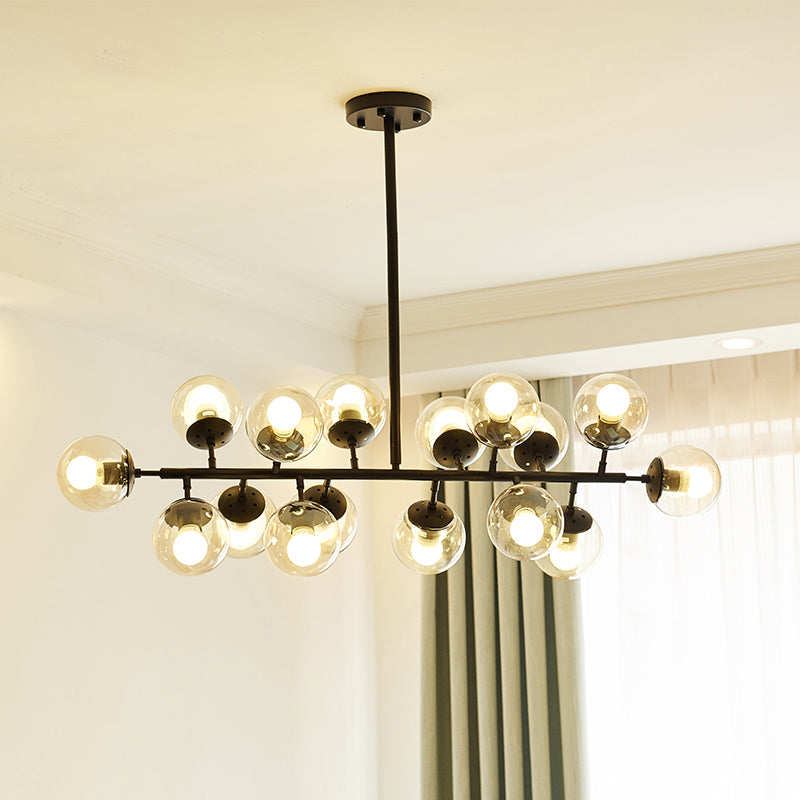 Modern Clear Glass Ball Chandelier - 16-Light Suspension Lamp In Black With Linear Design