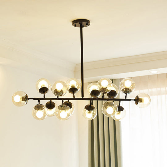 Modern Clear Glass Ball Chandelier - 16-Light Suspension Lamp In Black With Linear Design