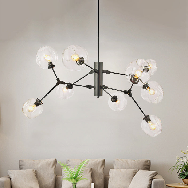 Minimalist 9-Bulb Black Sphere Chandelier With Clear Dimpled Glass Branch Pendant Light