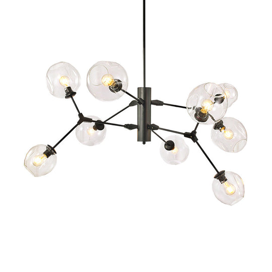 Minimalist 9-Bulb Black Sphere Chandelier With Clear Dimpled Glass Branch Pendant Light