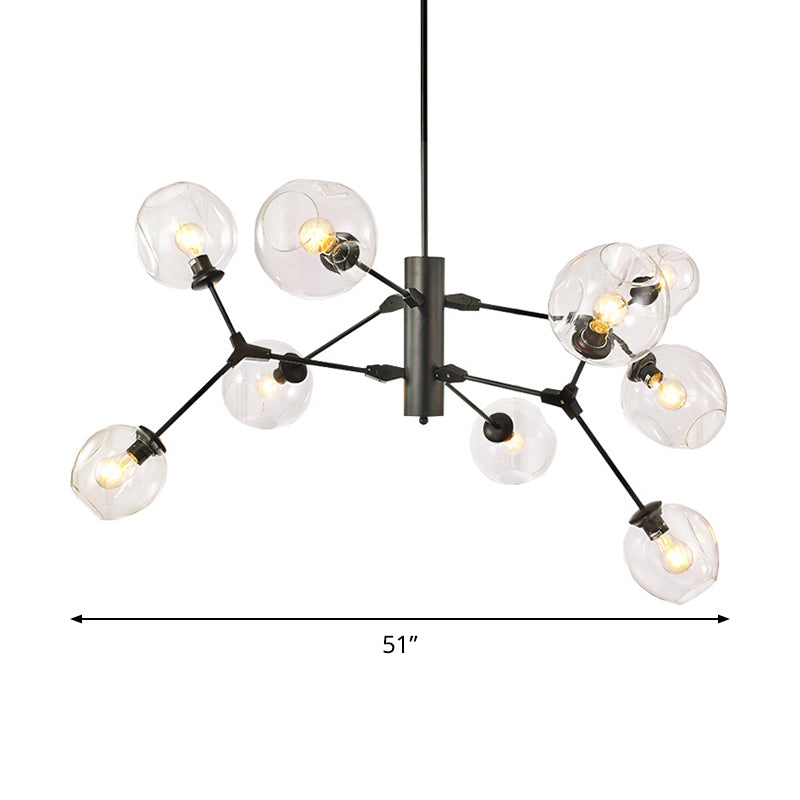 Minimalist 9-Bulb Black Sphere Chandelier With Clear Dimpled Glass Branch Pendant Light