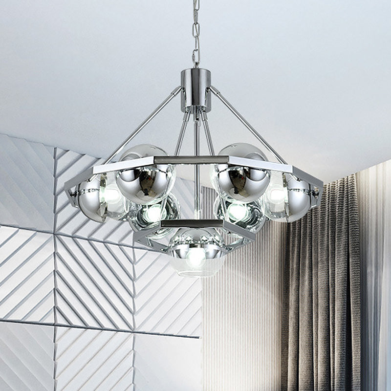 Modern Silver 7-Bulb Living Room Chandelier - 2-Layer Ball Clear Glass Shade Ceiling Hanging Light