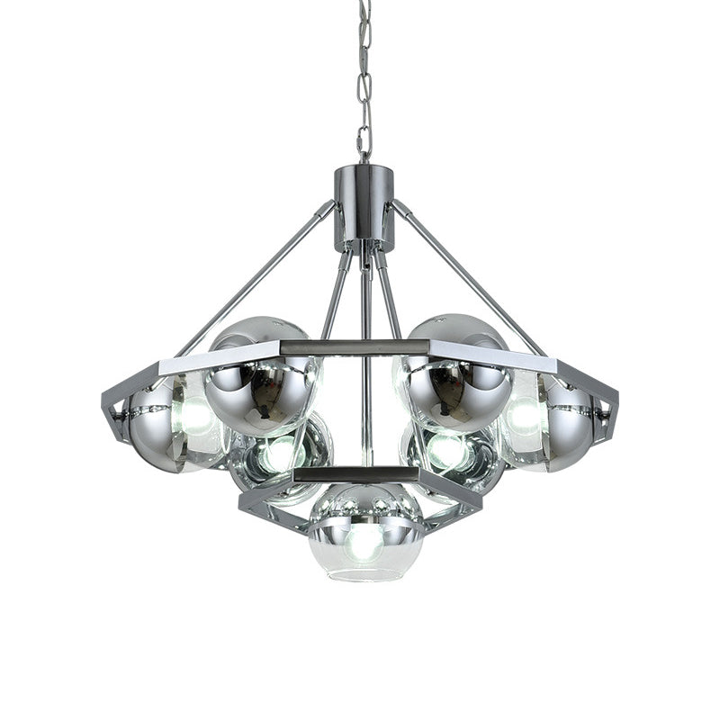 Modern Silver 7-Bulb Living Room Chandelier - 2-Layer Ball Clear Glass Shade Ceiling Hanging Light