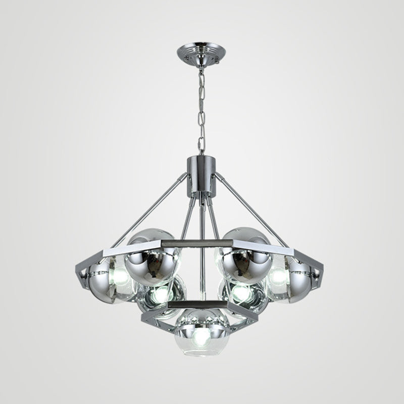 Modern Silver 7-Bulb Living Room Chandelier - 2-Layer Ball Clear Glass Shade Ceiling Hanging Light