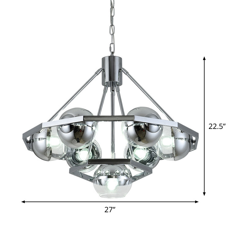 Modern Silver 7-Bulb Living Room Chandelier - 2-Layer Ball Clear Glass Shade Ceiling Hanging Light