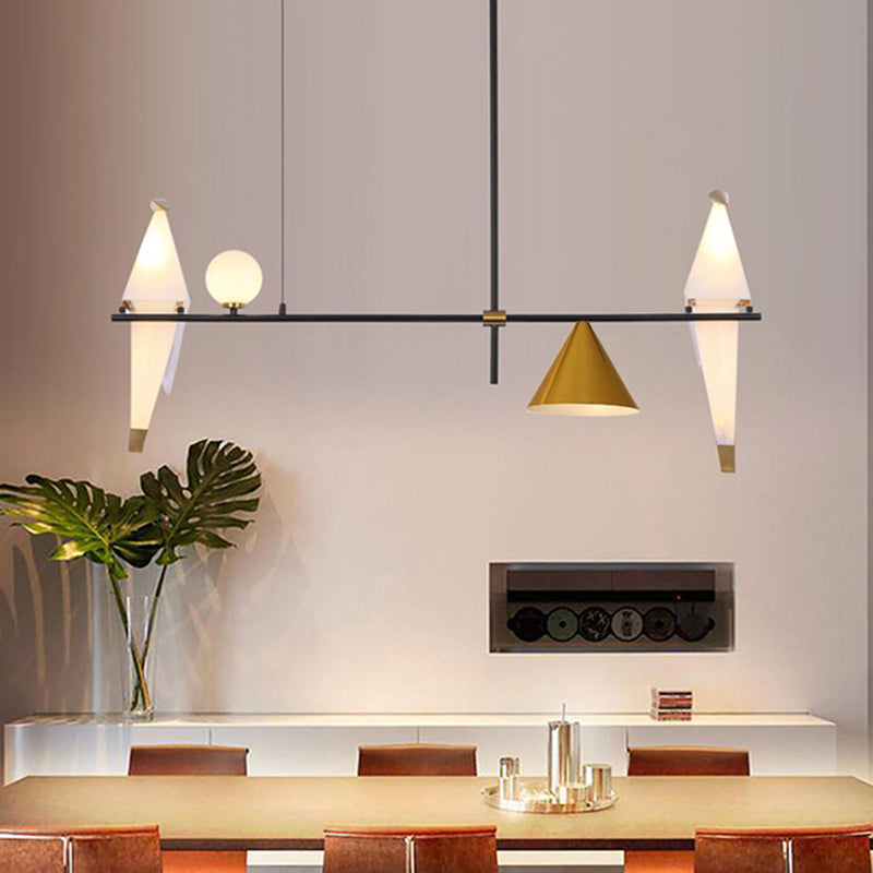 Black Metal Pendant Chandelier With Modern Paper Crane Design And Cone Shades - Ideal For Dining