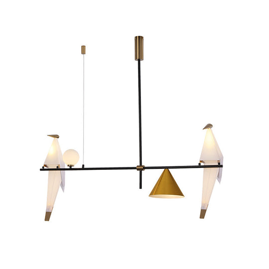 Lustre suspendu moderne en métal noir en forme de grue en papier avec 4 ampoules pour salle à manger - Design à abat-jour conique