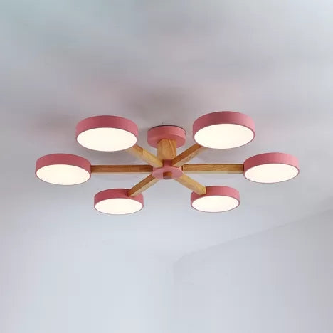 Nordic Snowflake Chandelier: Acrylic Wood Hanging Light, Pink & Green - Ideal for Kindergarten