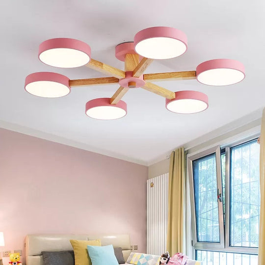 Nordic Snowflake Chandelier: Acrylic Wood Hanging Light, Pink & Green - Ideal for Kindergarten