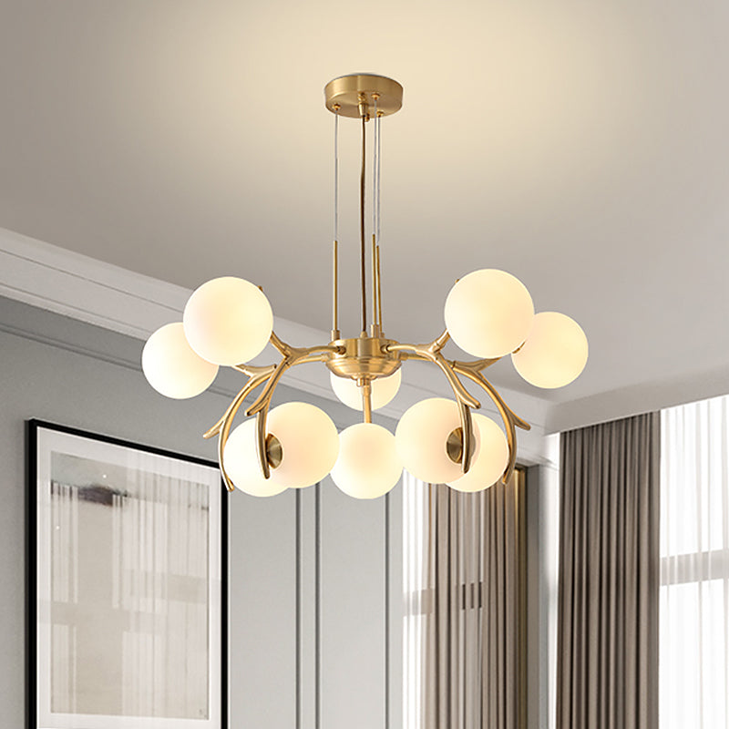 Modern Brass Pendant Chandelier With Antler Arm - White Glass 10-Bulb Sphere Design For Bedroom