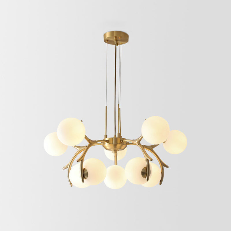 Sleek Modern Brass Pendant Chandelier with 10 White Glass Bulbs for Bedroom Ceiling - Antler Arm Design