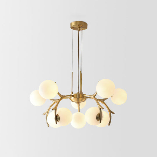 Modern Brass Pendant Chandelier With Antler Arm - White Glass 10-Bulb Sphere Design For Bedroom