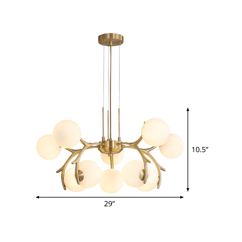 Sleek Modern Brass Pendant Chandelier with 10 White Glass Bulbs for Bedroom Ceiling - Antler Arm Design