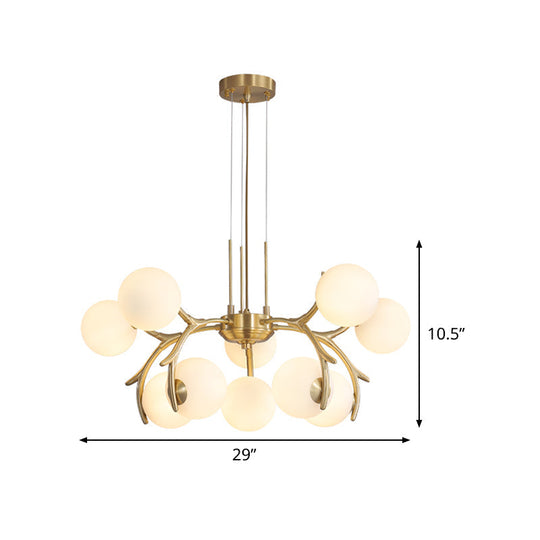 Sleek Modern Brass Pendant Chandelier with 10 White Glass Bulbs for Bedroom Ceiling - Antler Arm Design