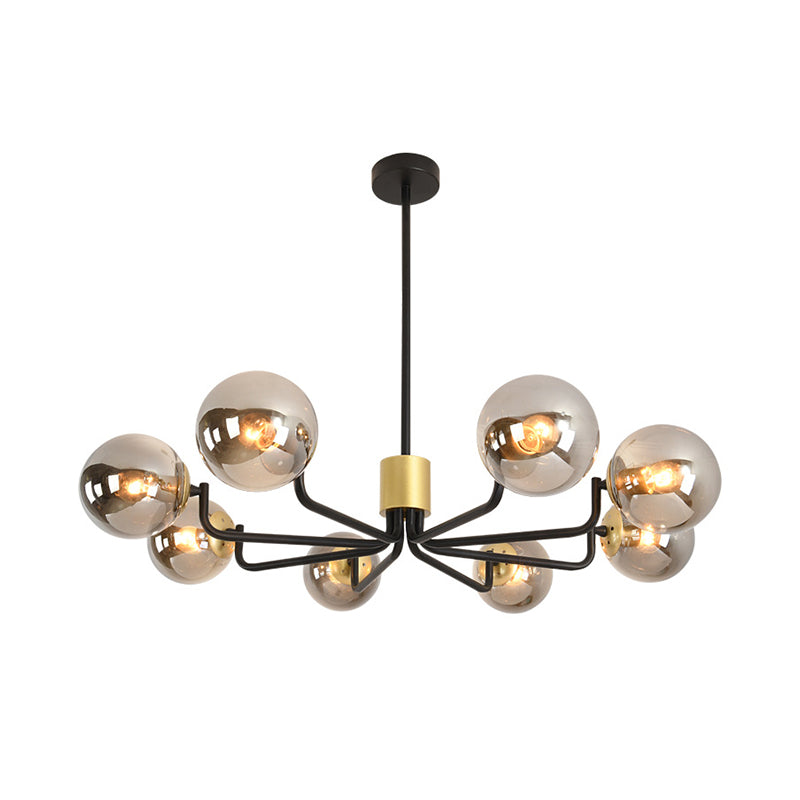 Sleek Grey Glass Spherical Suspension Light - Post Modern 8-Head Brass & Black Chandelier with Radial Design