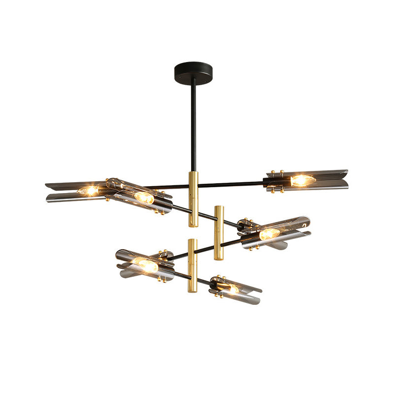 Smoke Gray Glass Tubular Chandelier - Modern 8-Head Ceiling Pendant Lamp with Black & Brass Finish