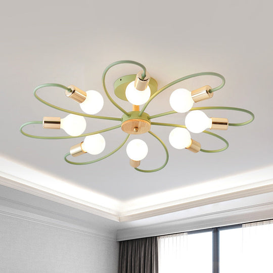 Green Blossom Semi-Flush Mount Ceiling Light With 8 Macaron Bulbs In Metallic Finish